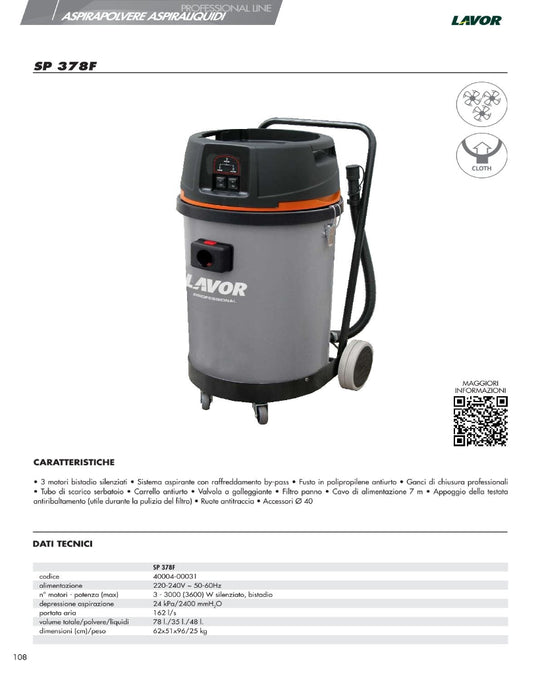 Aspiratore professionale Lavor Scirocco SP378F Wet & Dry
