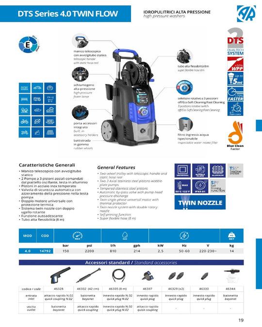 AR Blue Clean DTS Series 4.0 Twin Flow - Idropulitrice max 150 bar