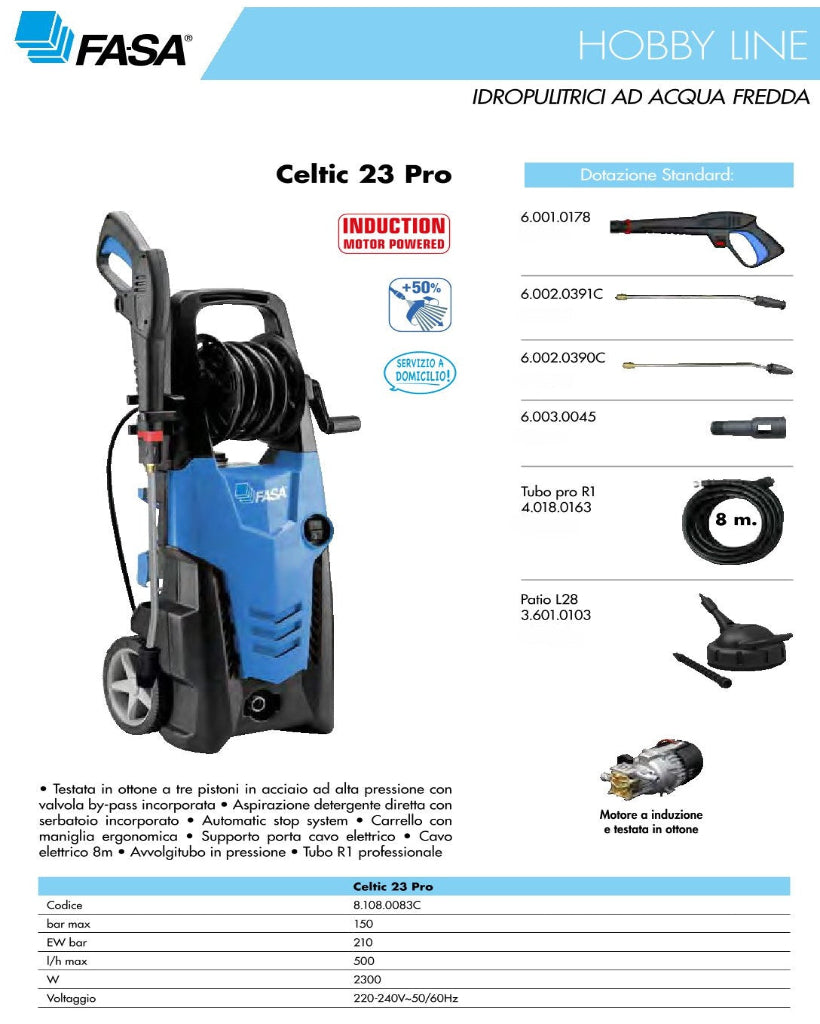 Idropulitrice Celtic 23 Pro 150 bar 500 l/h + Total Stop, Avvolgitubo e Lancia Rotox