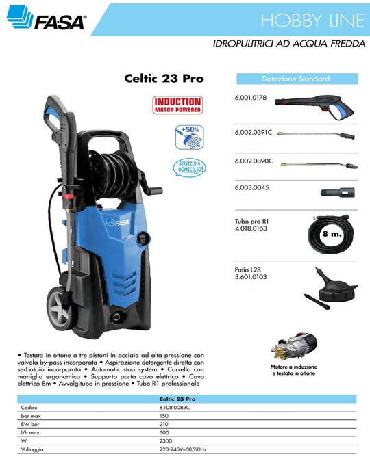 Idropulitrice Celtic 23 Pro 150 bar 500 l/h + Total Stop, Avvolgitubo e Lancia Rotox