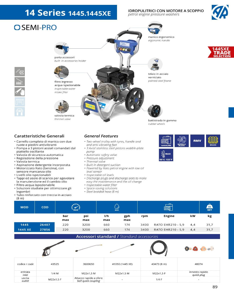AR Blue Clean Semi Pro Motopompa 14 Series 1445XE - Idropulitrice motore a scoppio