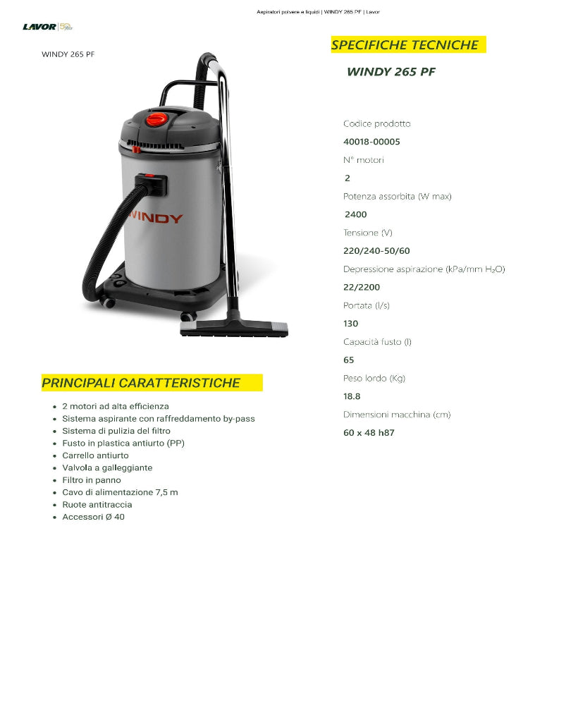 Aspiratore Solidi e Liquidi Lavor WINDY 265 PF Wet & Dry