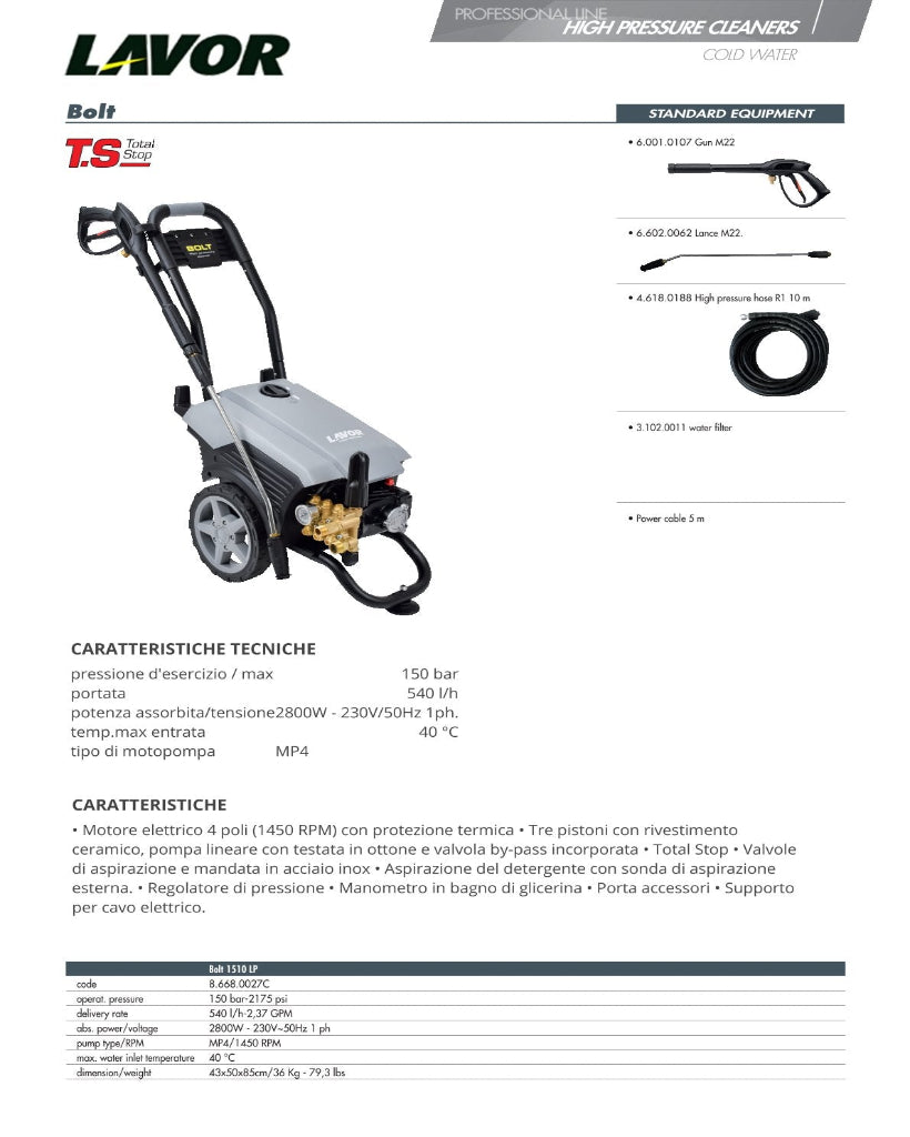 Idropulitrice Lavor BOLT 1510 LP 230/50-GR-TS